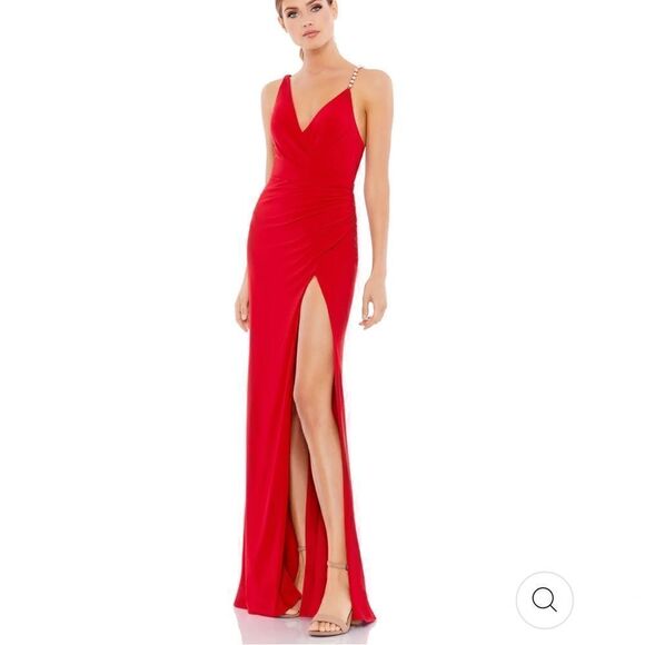 NWT ASYMMETRICAL PEARL STRAP V-NECK GOWN, Red 8 - Picture 1 of 5